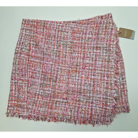 Forever 21 Faux Wrap Mini Skirt Pink Multi Plaid Sequins Fringe Lined  Sz L NWT - Picture 1 of 7